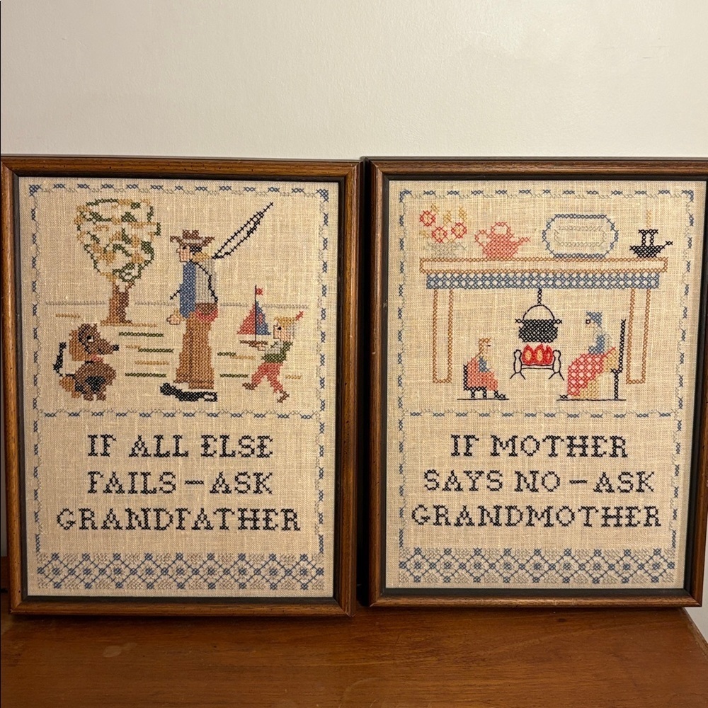 Vintage 70s Framed In Canada Needlepoint Sampler Art Set Gift for Grandparents